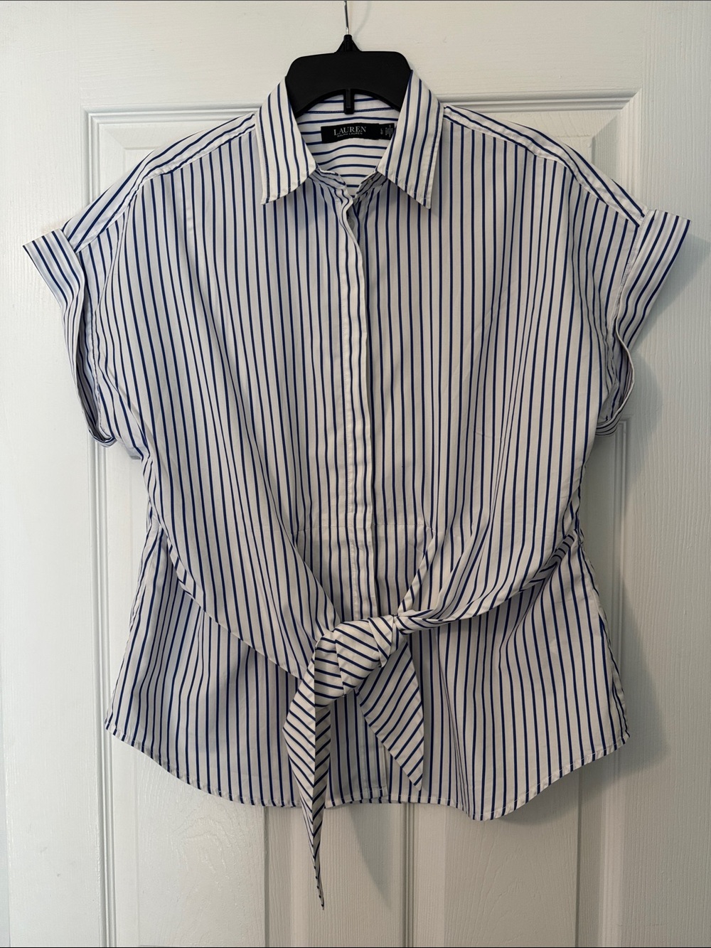 Lauren Ralph Lauren White and Navy Striped Front-Tie Shirt